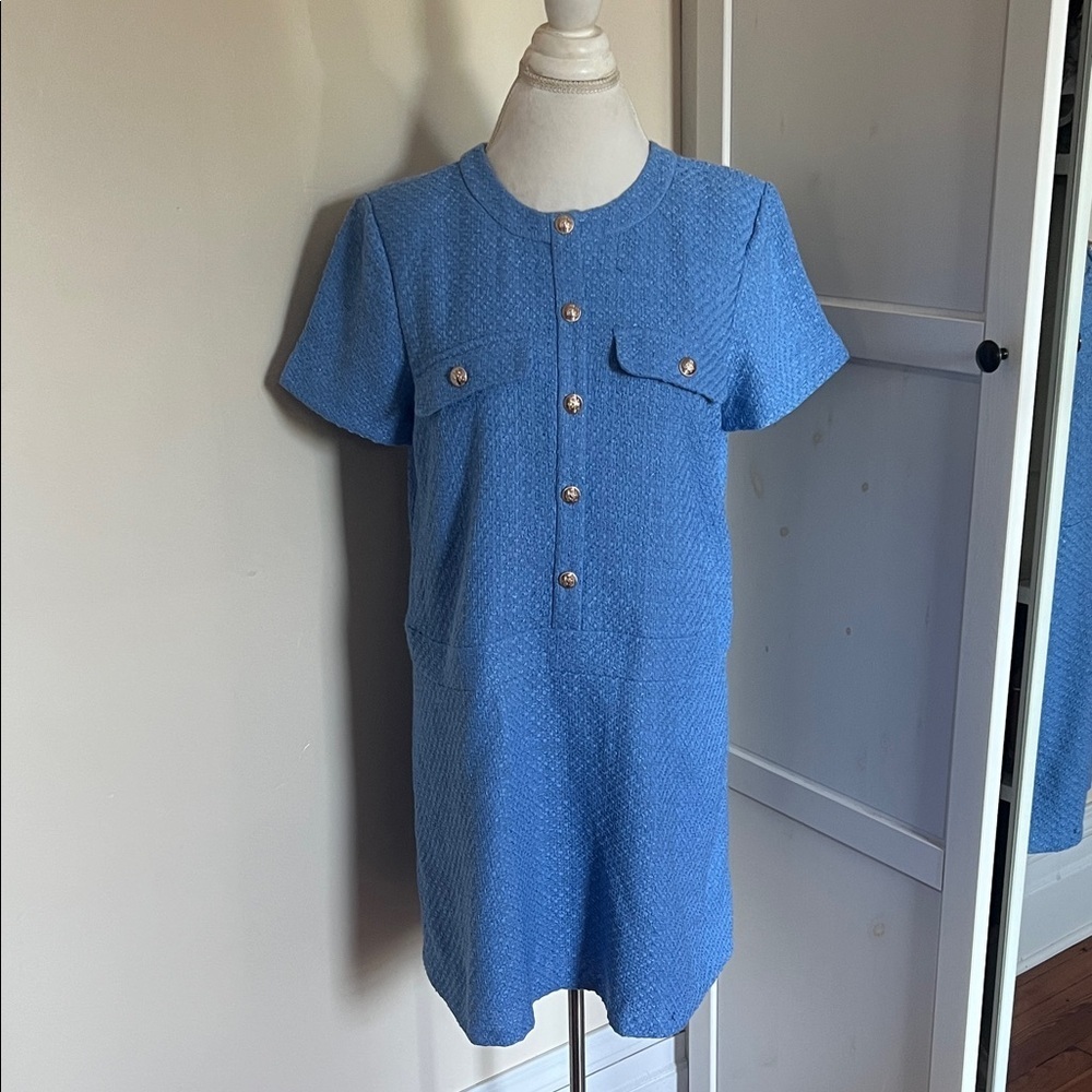 Ann Taylor Blue Tweed Button-Front Short Sleeve Dress | Size 10P Petite